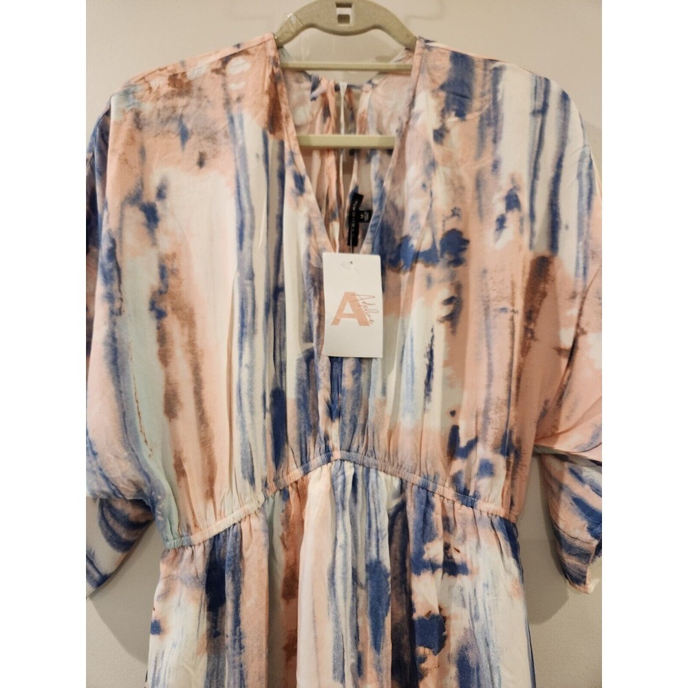 Staccato Women's Mini Dress Boho Artsy Flowy Short Sleeve Pink Blue Size Medium - Picture 3 of 11